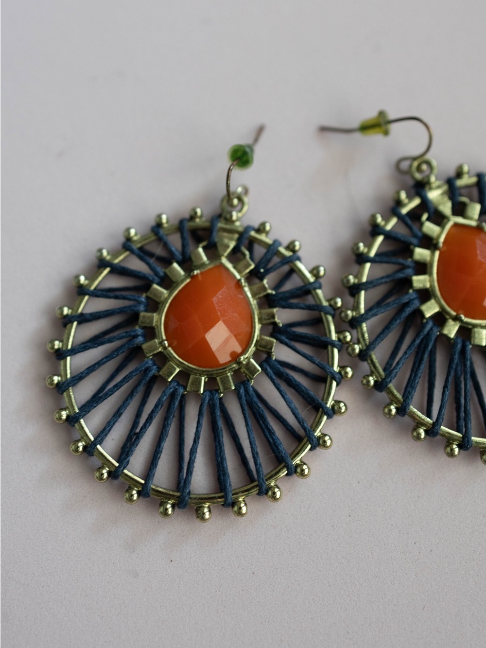 Handcrafted Orange‎ Stone and Navy Thread Hoop Earrings - Picture 3 of 5